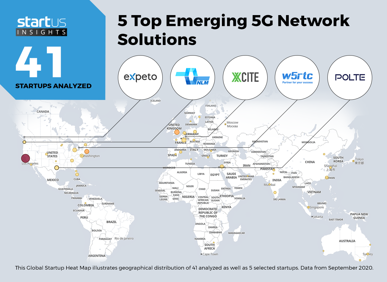 5 Top Emerging 5G Network Solutions -- map of the world highlighting these five startups