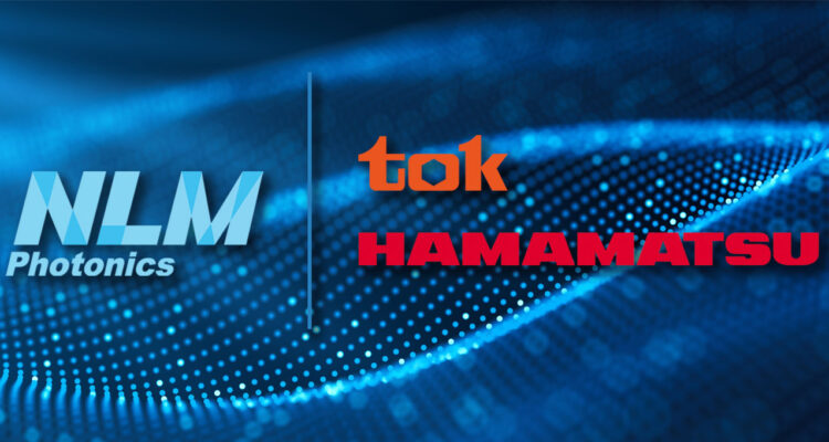 Banner background is blue with ripping cables with light shining over them. Upfront is NLM Photonics logo on Left in light blue with a dividing darker blue line in the middle. On the right side, top to bottom, is TOK's logo is bright orange and below is Hamamatsu's logo in bright red