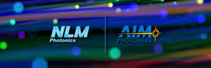 On left is NLM's blue logo, there's a divider in the middle, and on the right is AIM Photonics' blue logo with yellow starburst. The background is multi-colored lights from cables in a data center